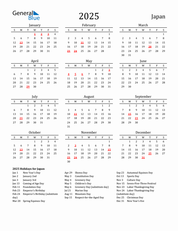 Japan Holidays Calendar for 2025