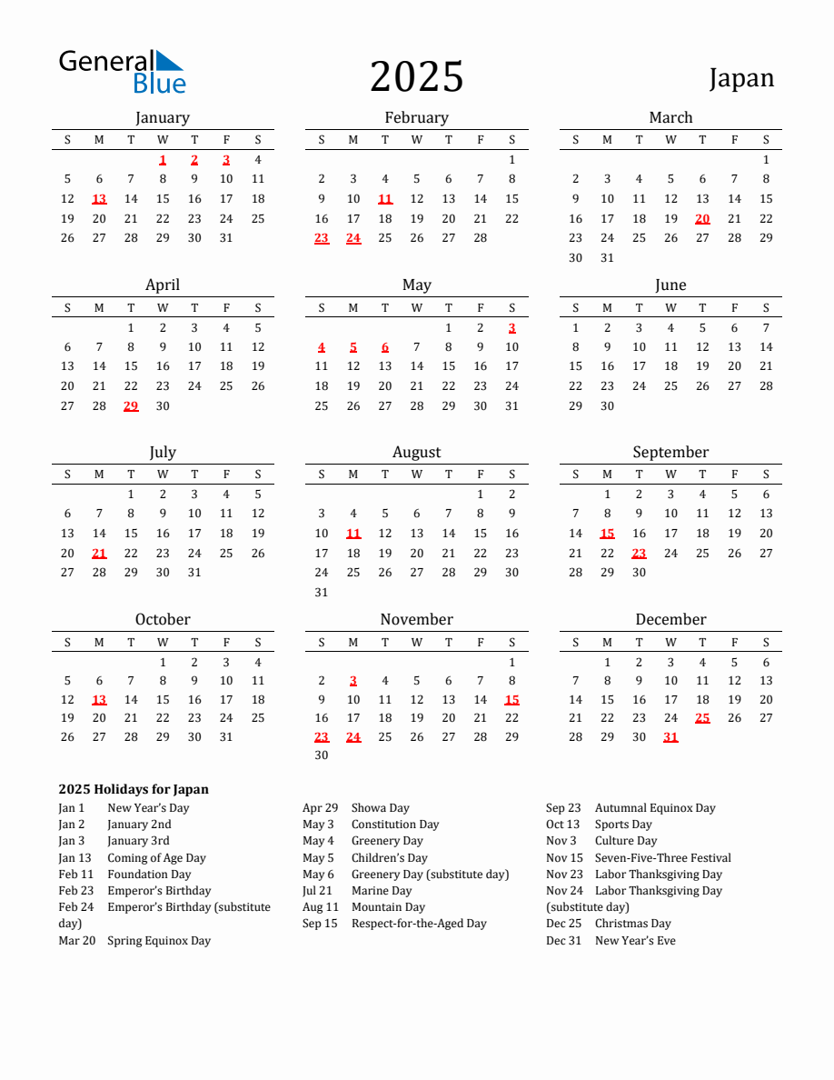 Free Japan Holidays Calendar for Year 2025