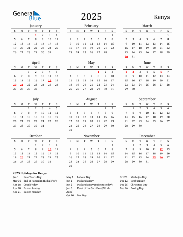 Kenya Holidays Calendar for 2025