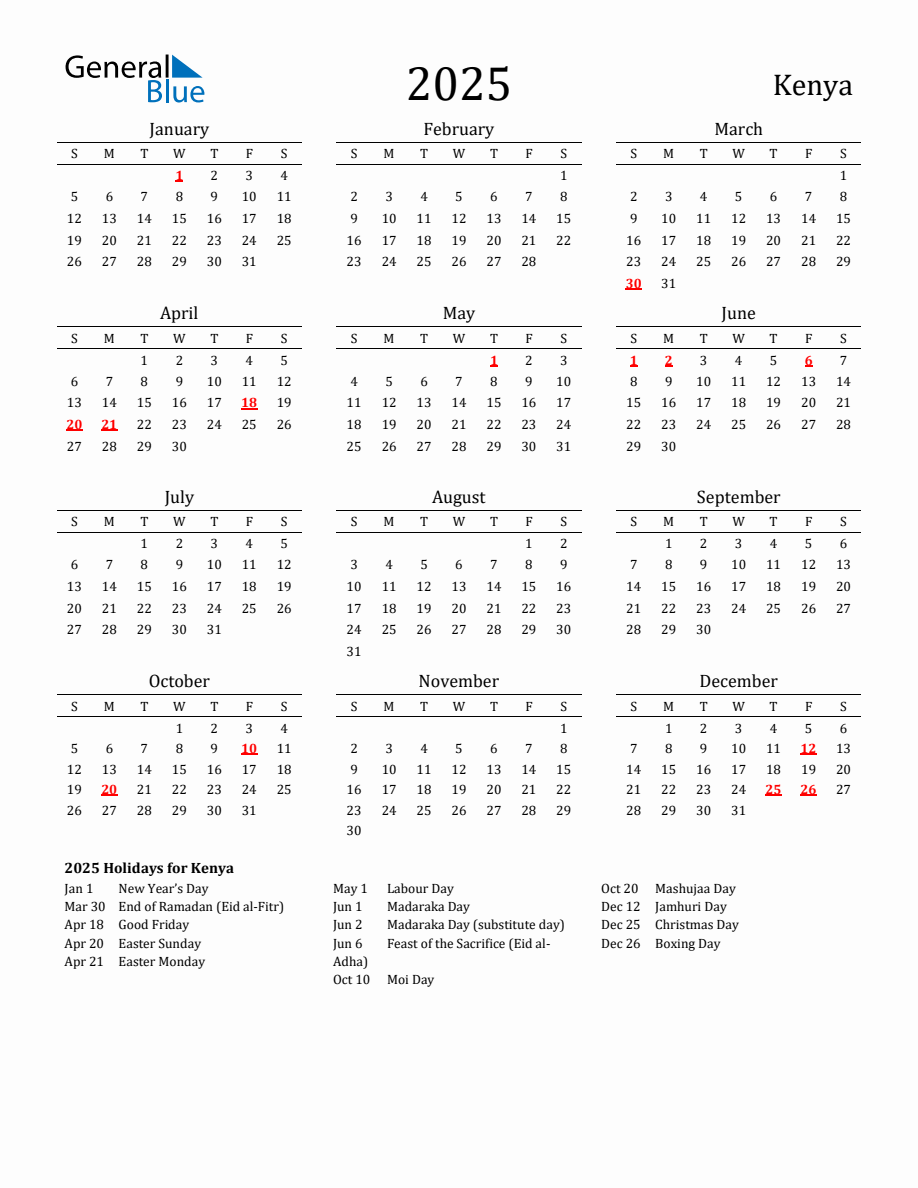 Free Kenya Holidays Calendar for Year 2025
