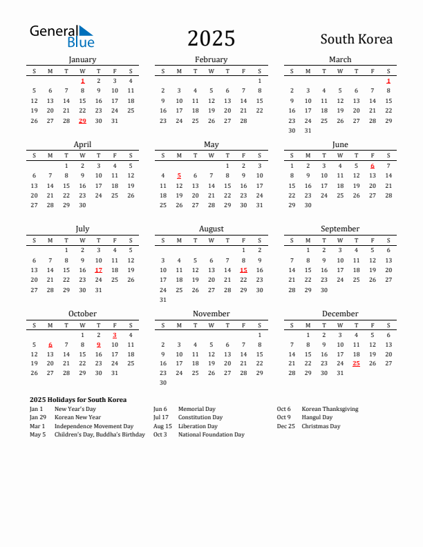 South Korea Holidays Calendar for 2025