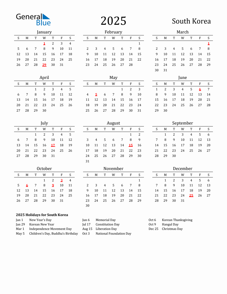 Free South Korea Holidays Calendar for Year 2025