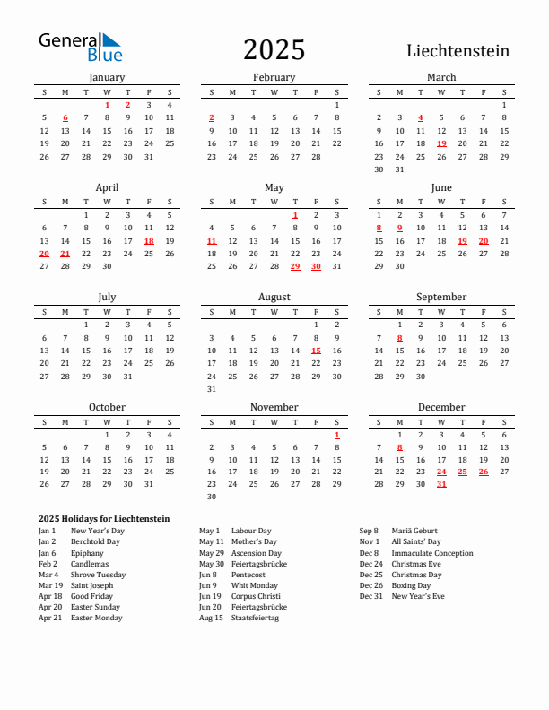 Liechtenstein Holidays Calendar for 2025