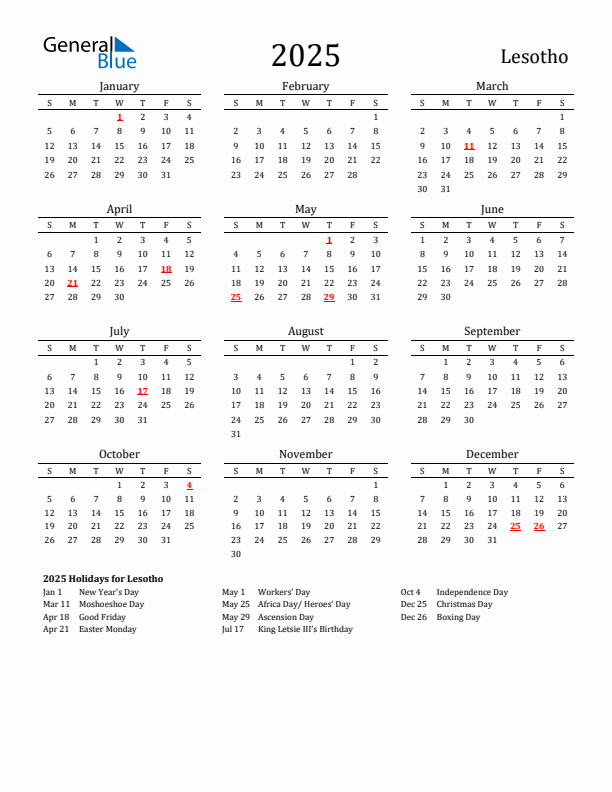 Lesotho Holidays Calendar for 2025