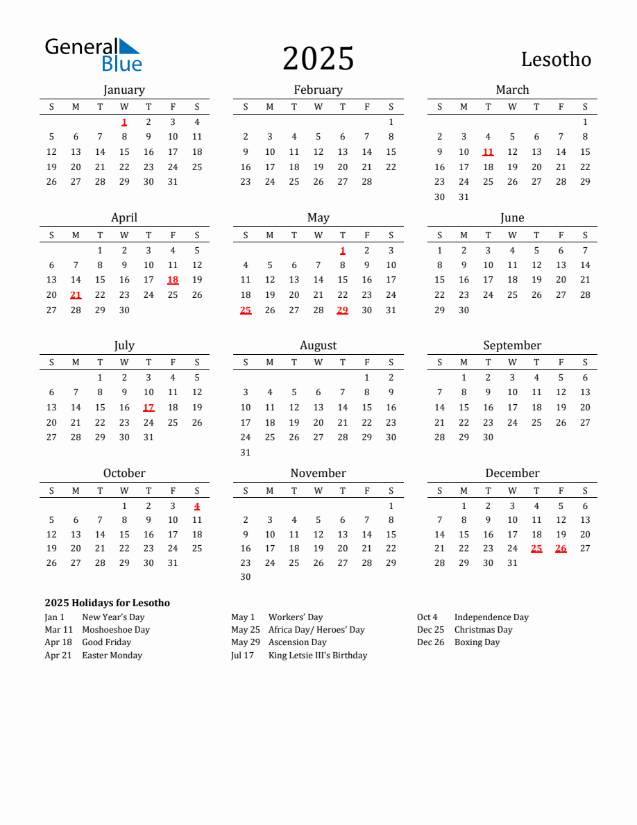 Free Lesotho Holidays Calendar for Year 2025