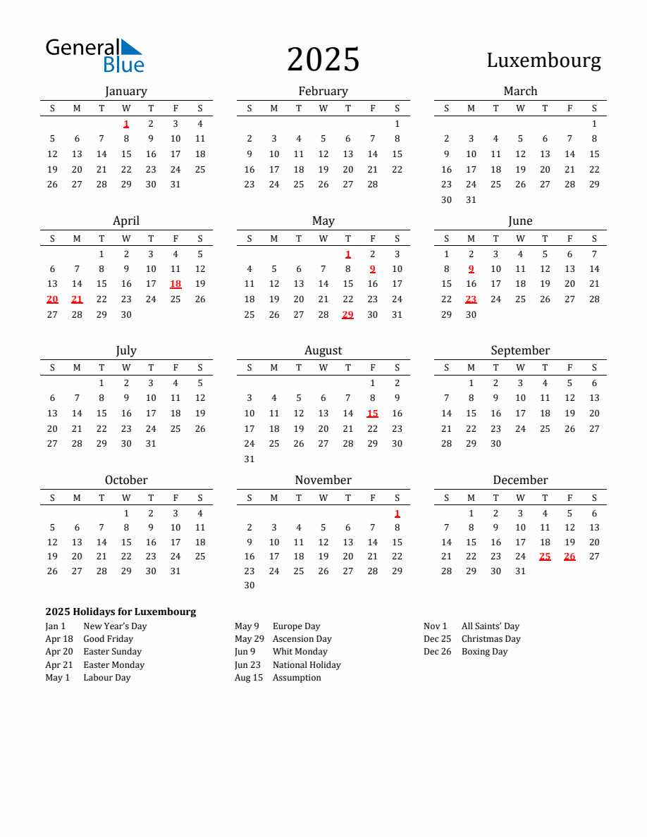 Free Luxembourg Holidays Calendar for Year 2025