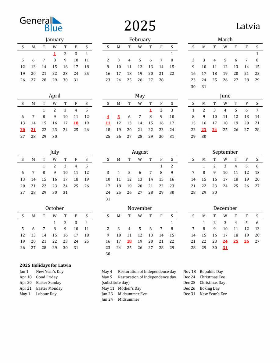 Free Latvia Holidays Calendar for Year 2025