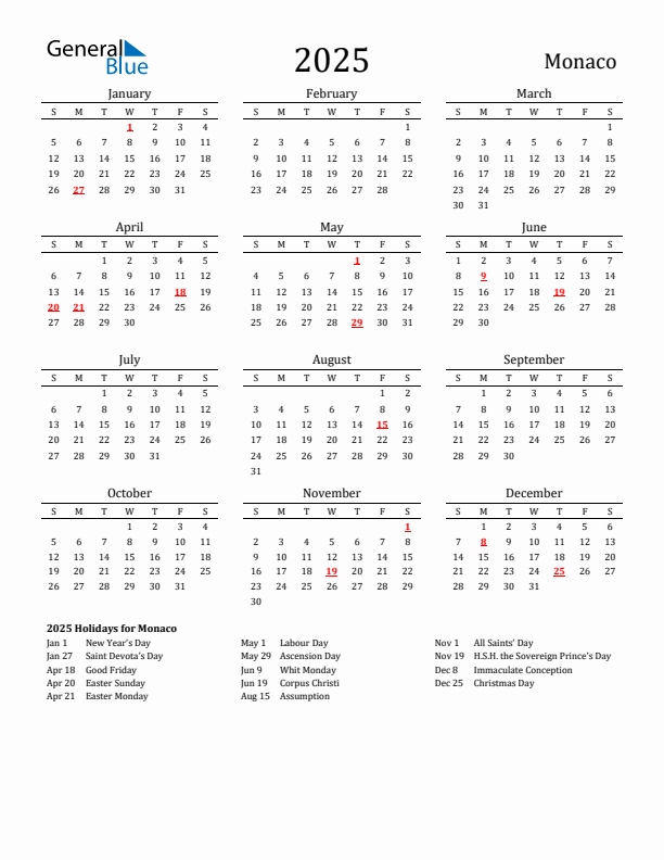 Monaco Holidays Calendar for 2025