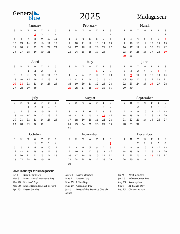 Madagascar Holidays Calendar for 2025