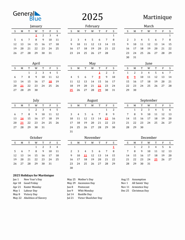 Martinique Holidays Calendar for 2025