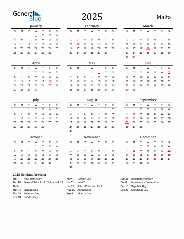 Malta Holidays Calendar for 2025