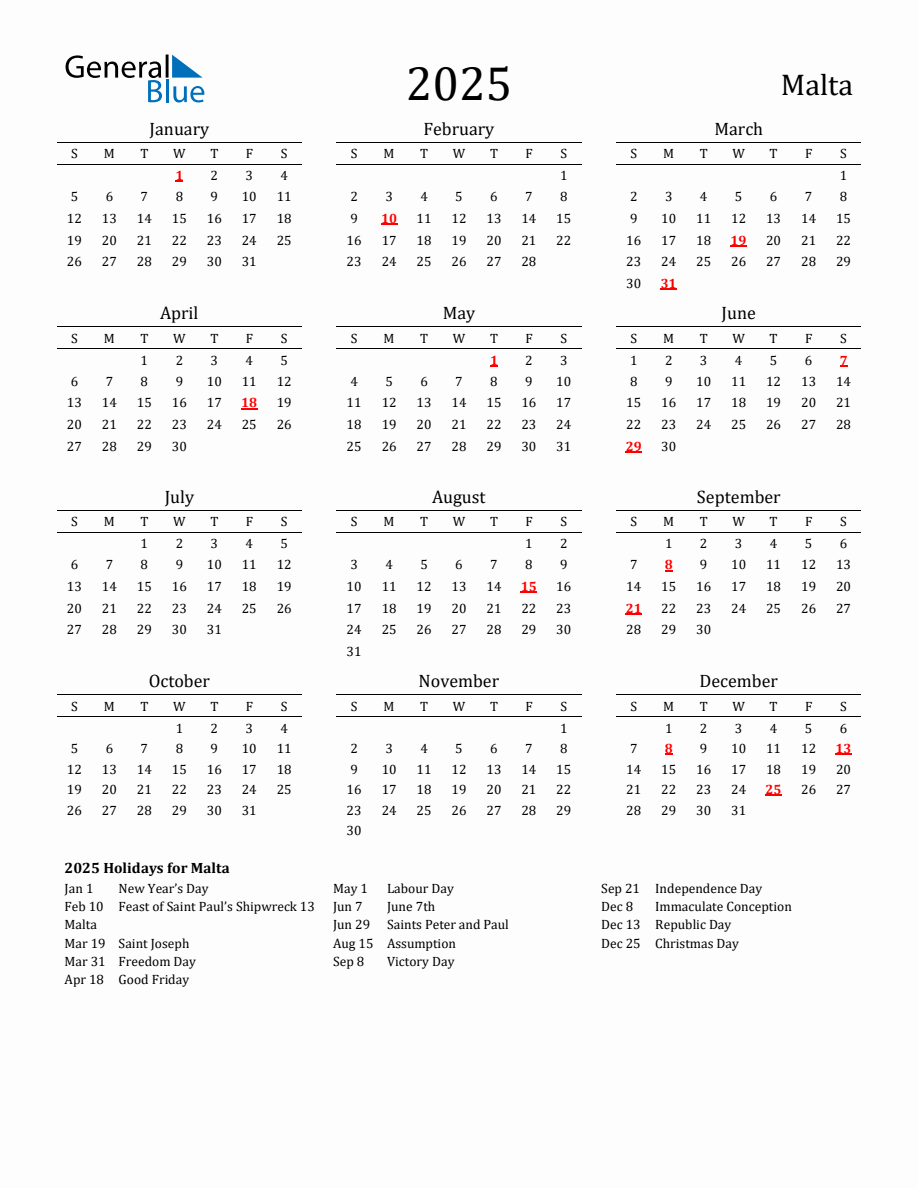 Free Malta Holidays Calendar for Year 2025