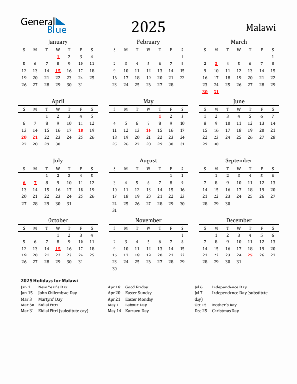 Malawi Holidays Calendar for 2025