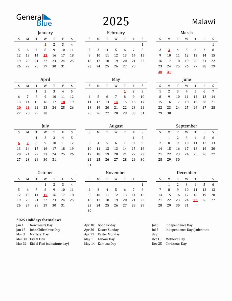 Free Malawi Holidays Calendar for Year 2025