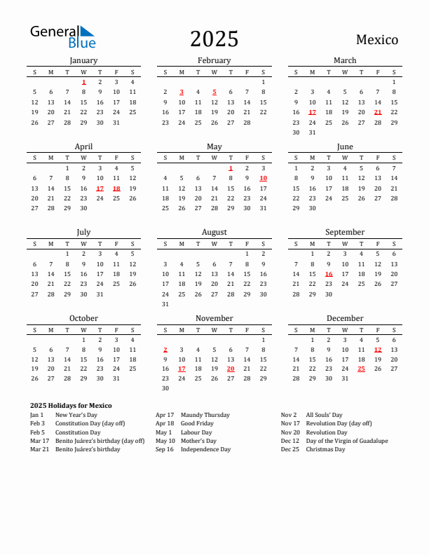 Mexico Holidays Calendar for 2025