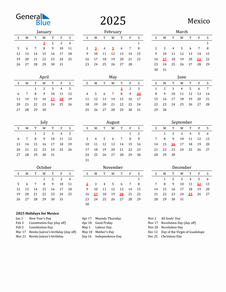 Free Mexico Holidays Calendar for Year 2025