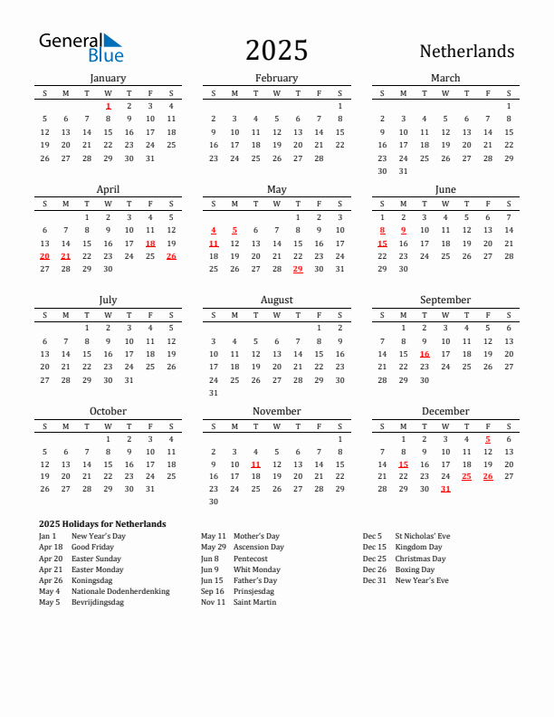 The Netherlands Holidays Calendar for 2025