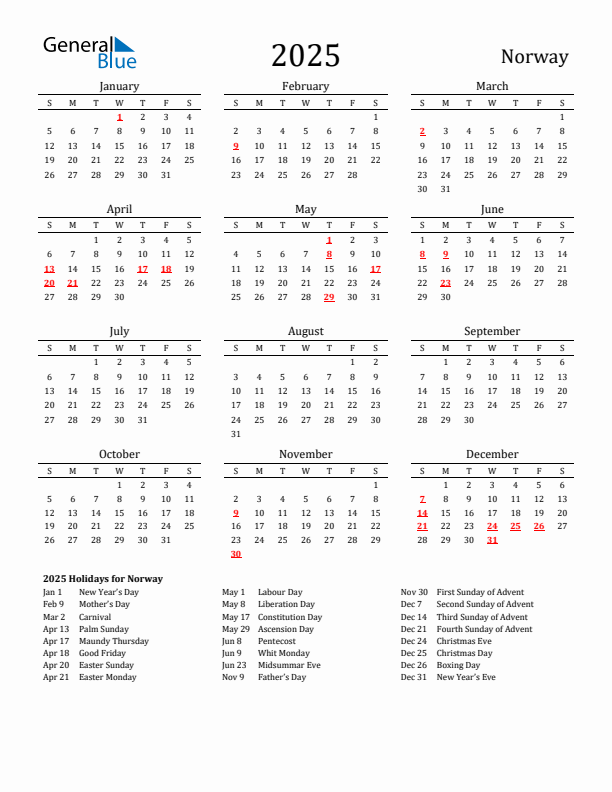 Norway Holidays Calendar for 2025