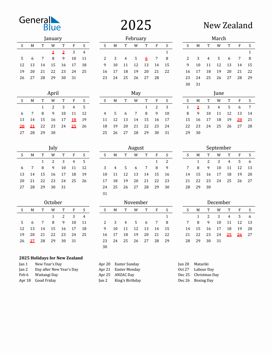 Free New Zealand Holidays Calendar for Year 2025