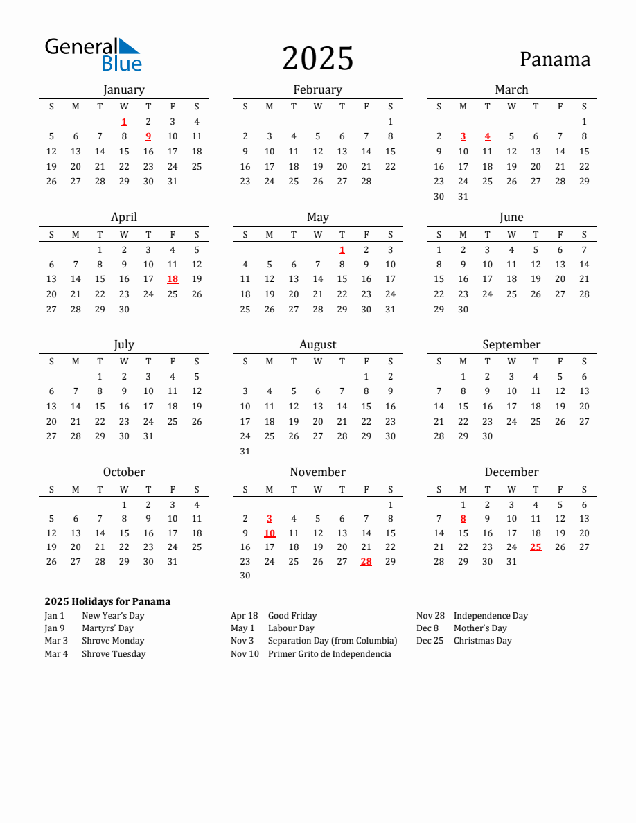 Free Panama Holidays Calendar for Year 2025