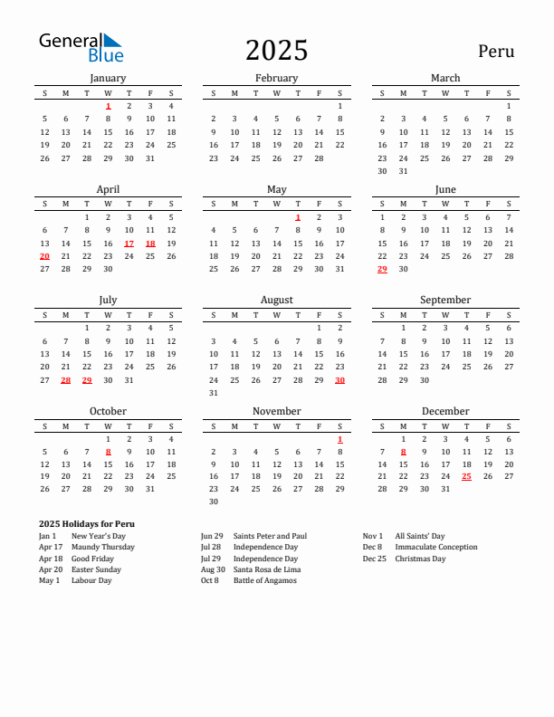 Peru Holidays Calendar for 2025
