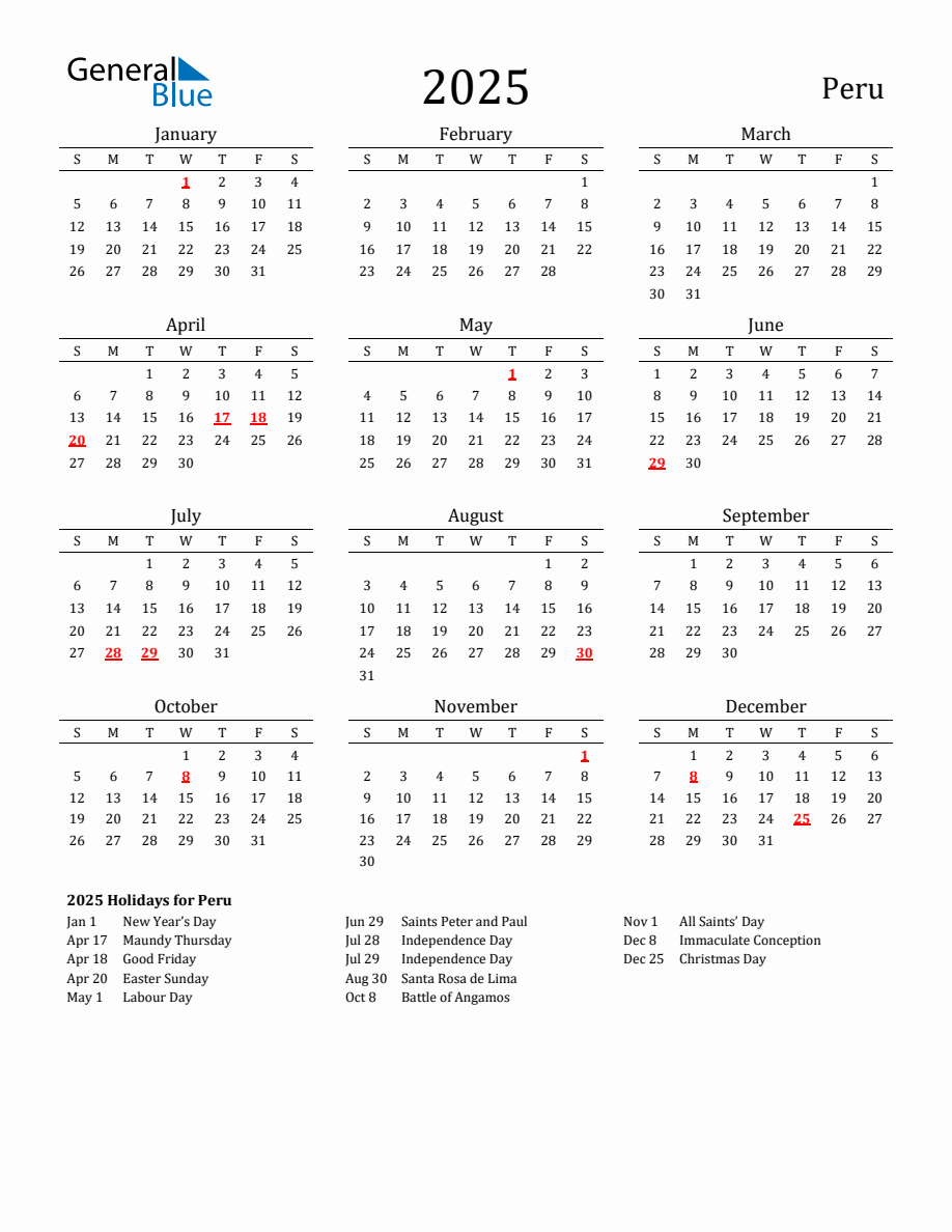 Free Peru Holidays Calendar for Year 2025