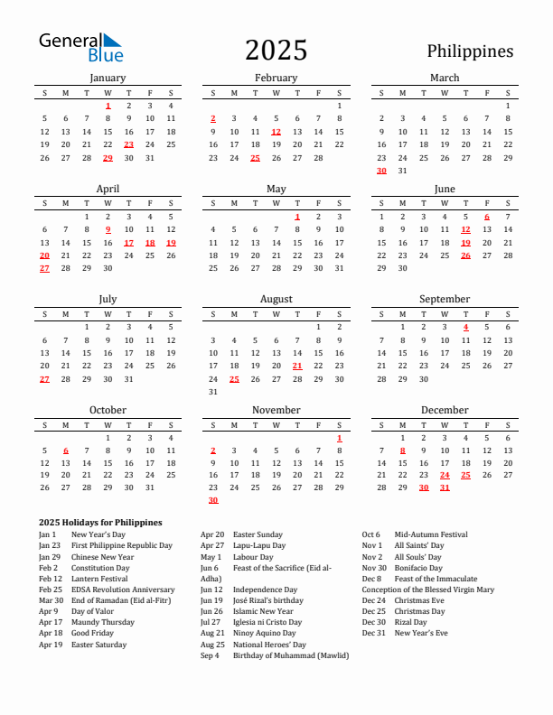 Philippines Holidays Calendar for 2025
