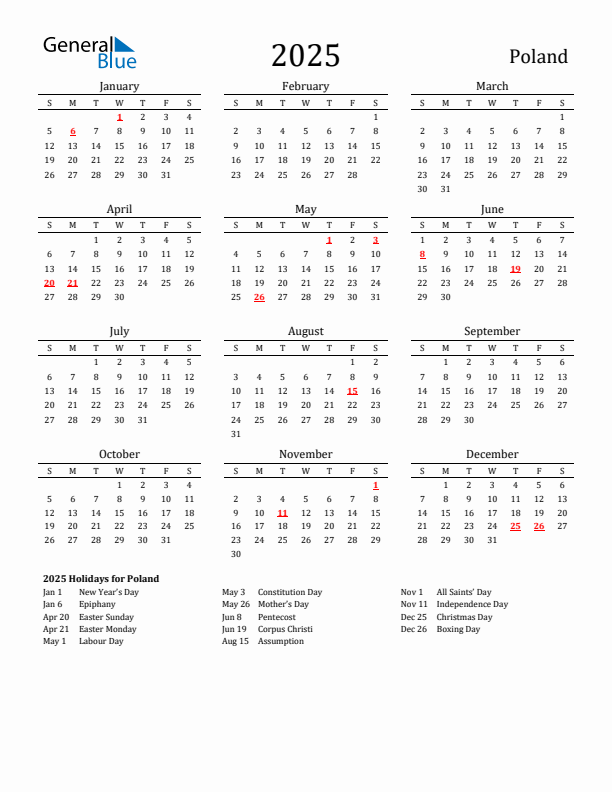 Poland Holidays Calendar for 2025