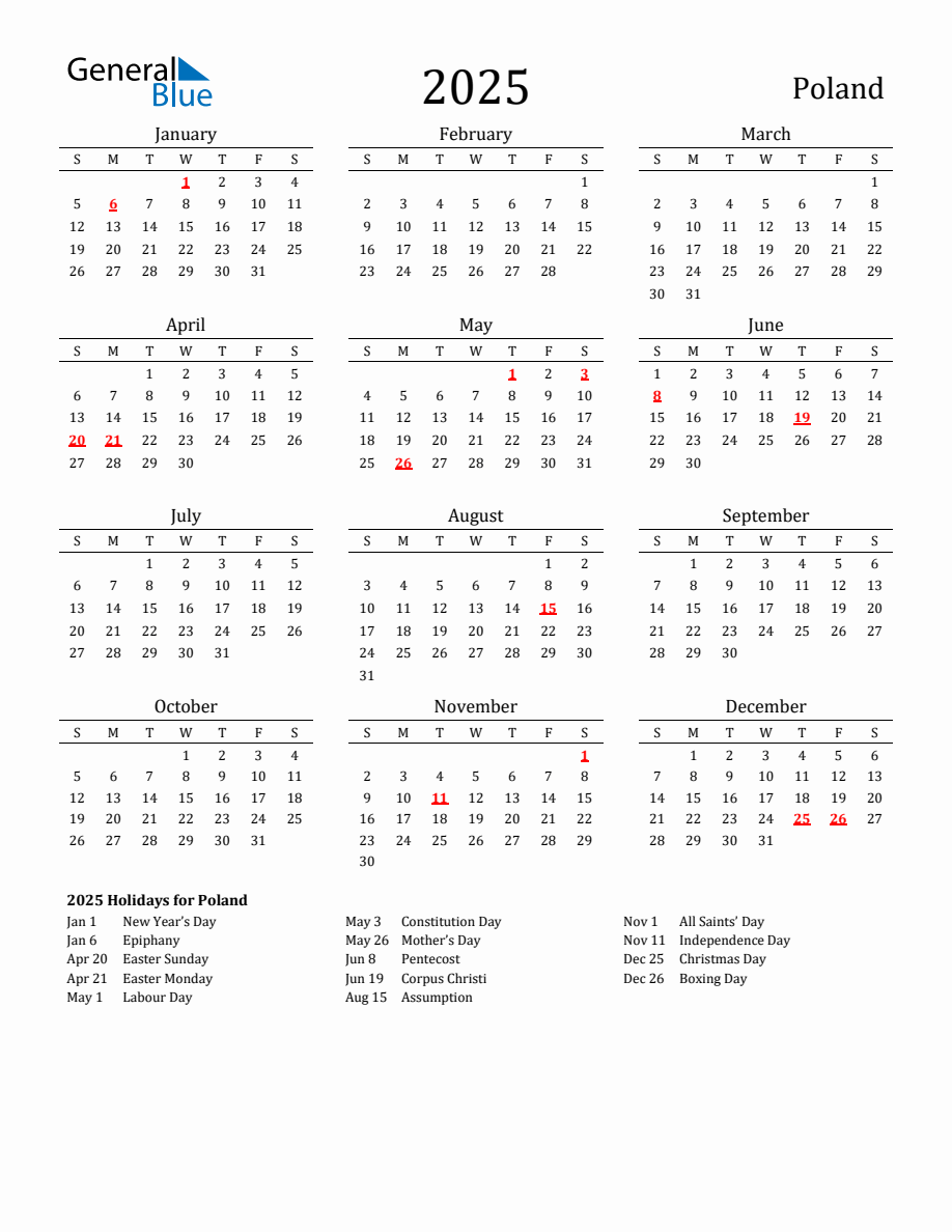 Free Poland Holidays Calendar for Year 2025