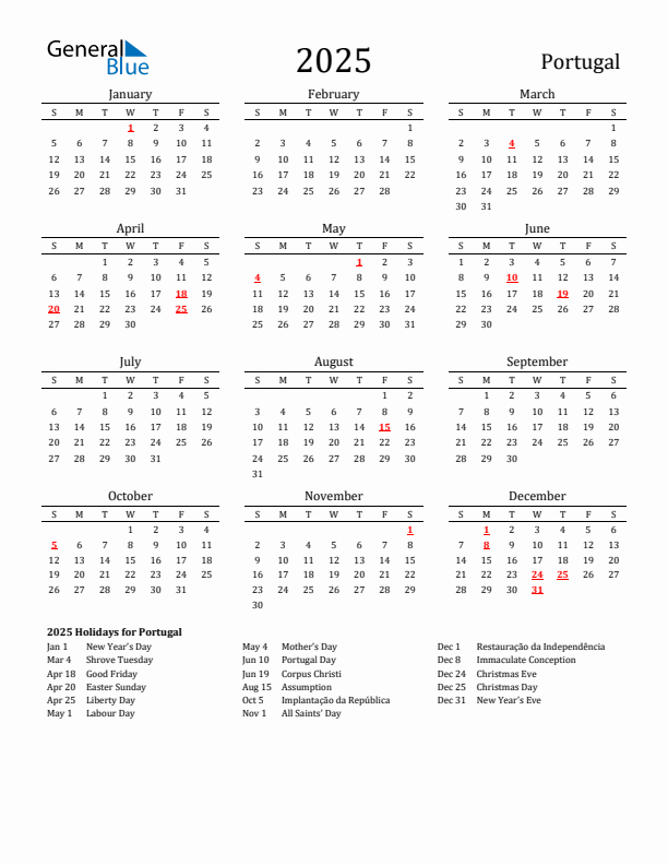 Portugal Holidays Calendar for 2025