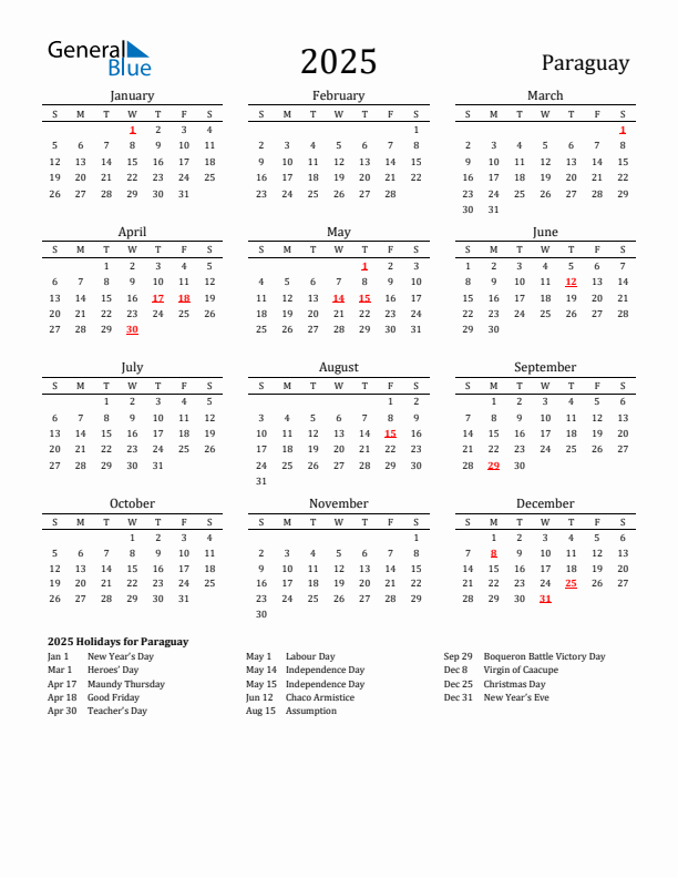 Paraguay Holidays Calendar for 2025