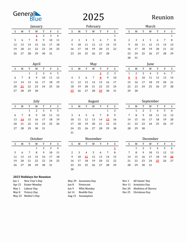 Reunion Holidays Calendar for 2025