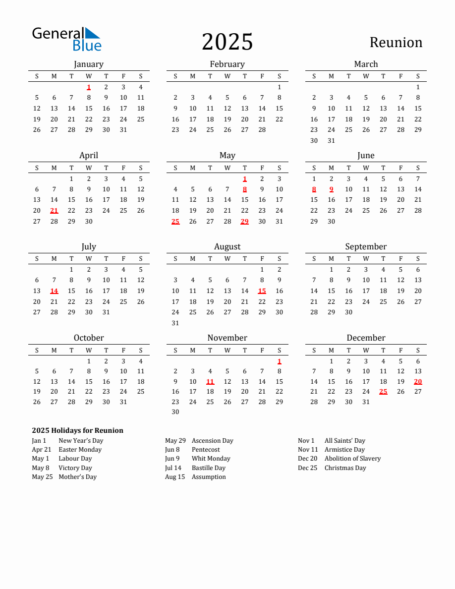 Free Reunion Holidays Calendar for Year 2025
