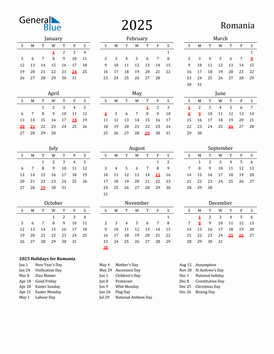 2025 Calendar Printable Classic With Holidays Portrait Sunday Start En Ro 918x1188 
