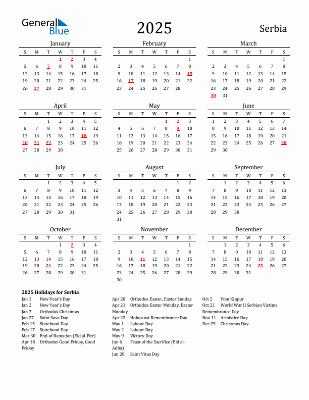 Serbia Holidays Calendar for 2025