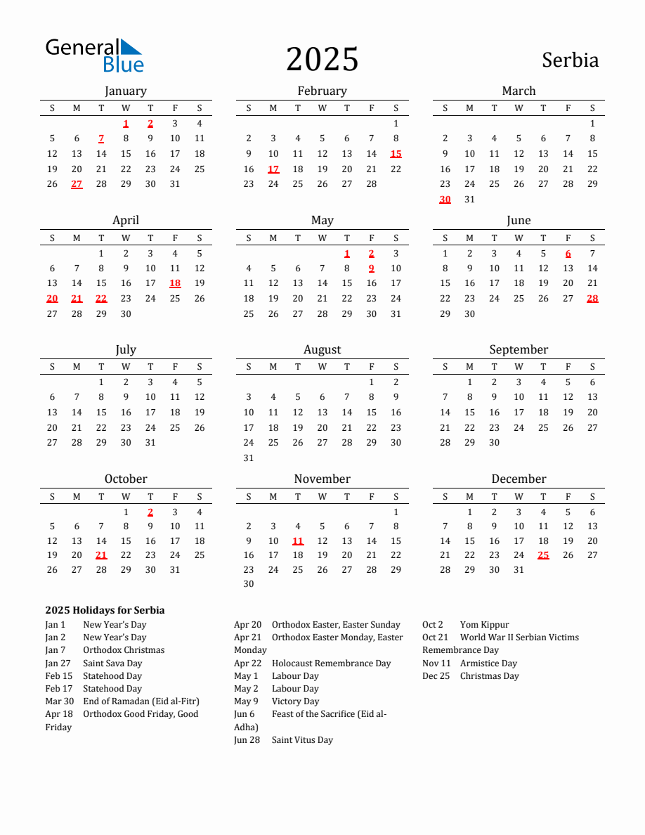 Free Serbia Holidays Calendar for Year 2025