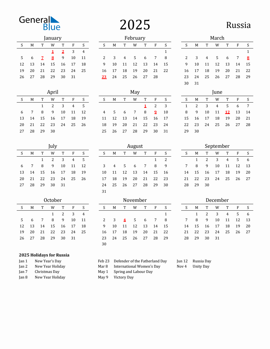 Free Russia Holidays Calendar for Year 2025