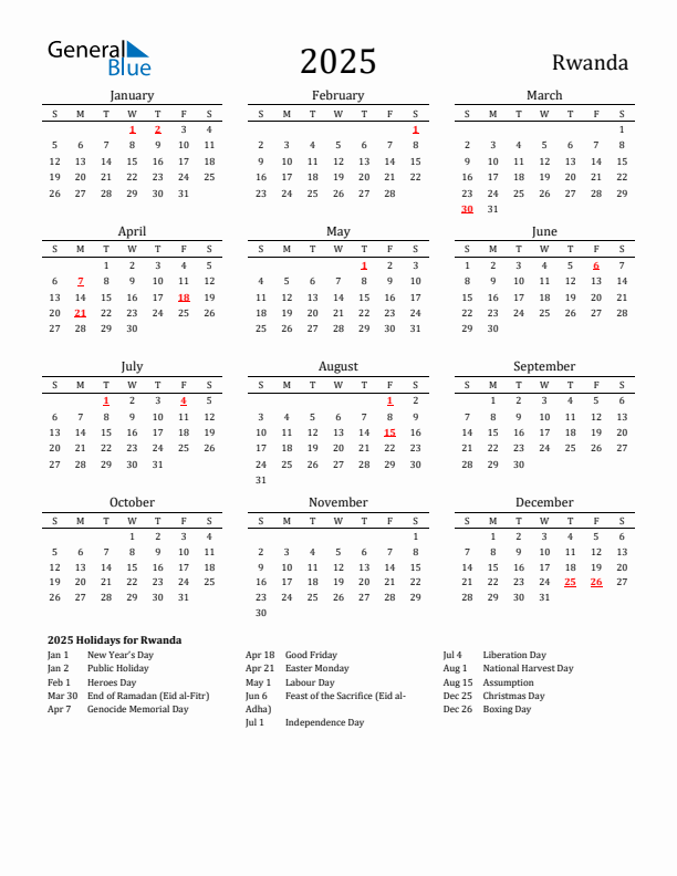 Rwanda Holidays Calendar for 2025