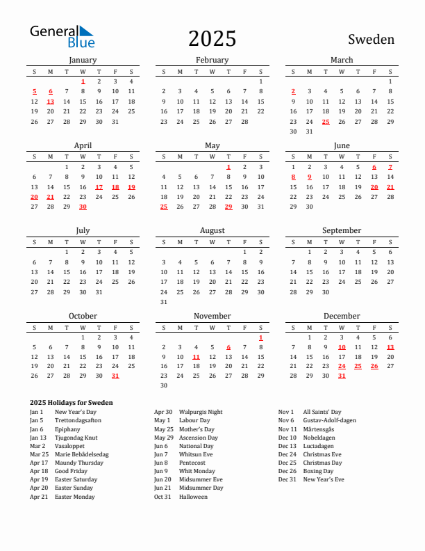 Sweden Holidays Calendar for 2025