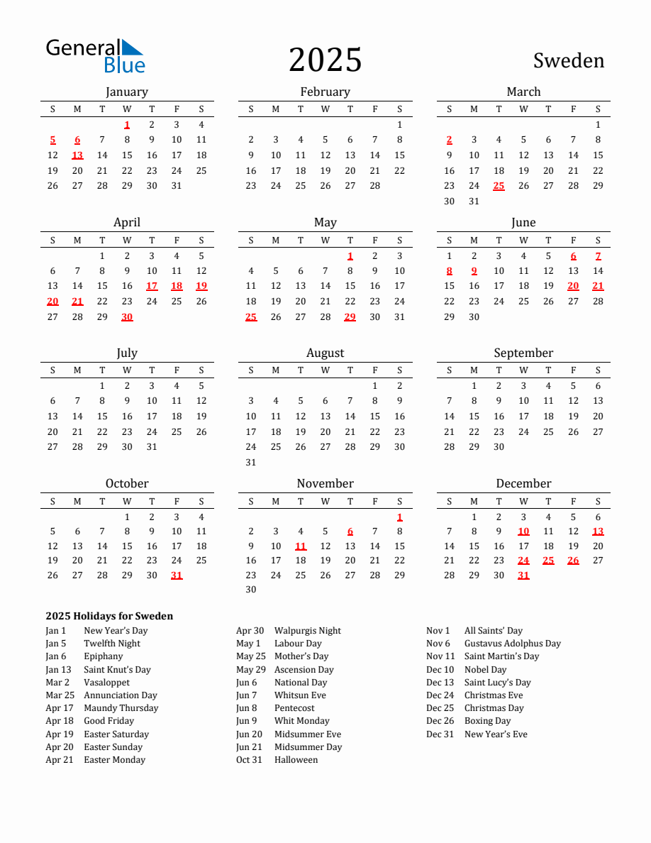 Holiday Calendar 2025 Sweden 