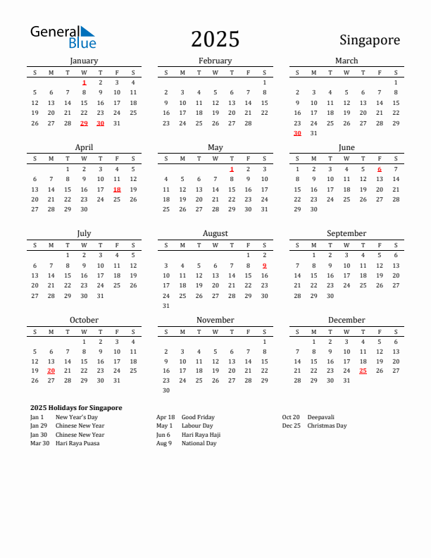 Singapore Holidays Calendar for 2025