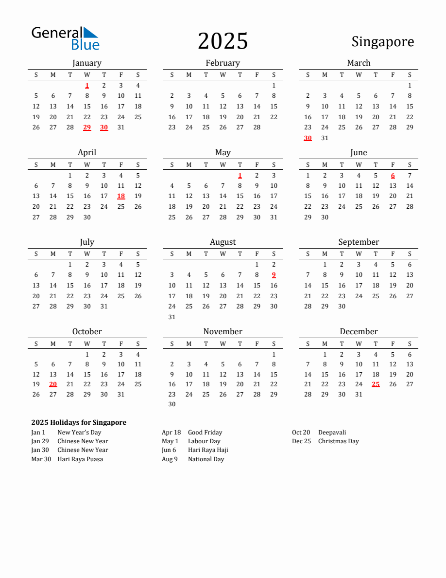 Free Singapore Holidays Calendar for Year 2025