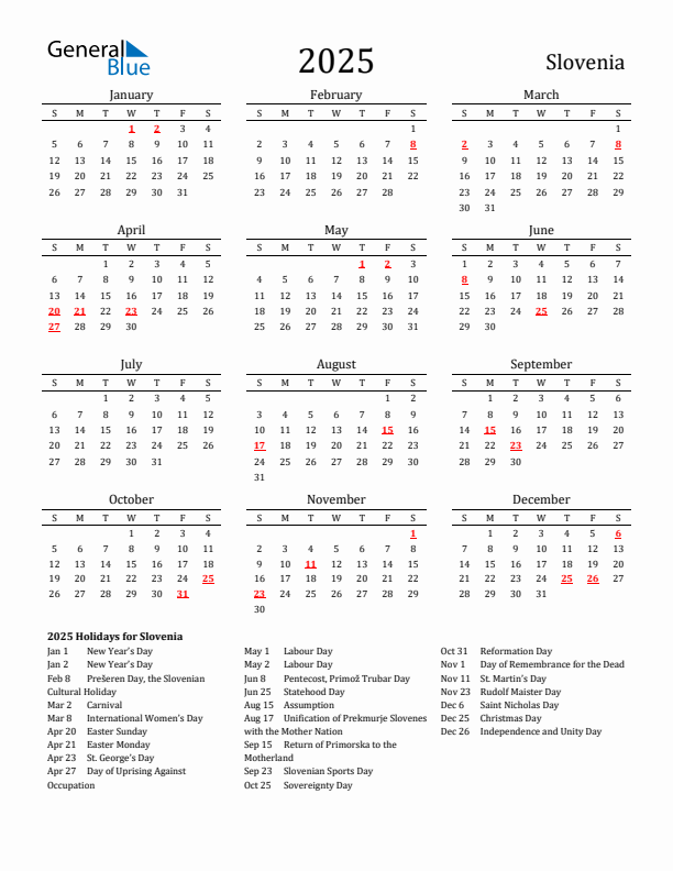 Slovenia Holidays Calendar for 2025