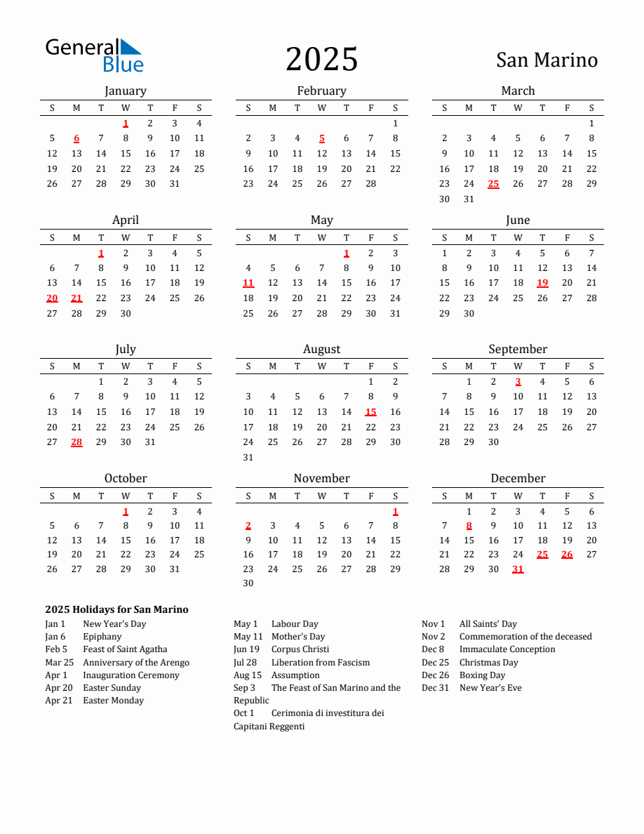 Free San Marino Holidays Calendar for Year 2025