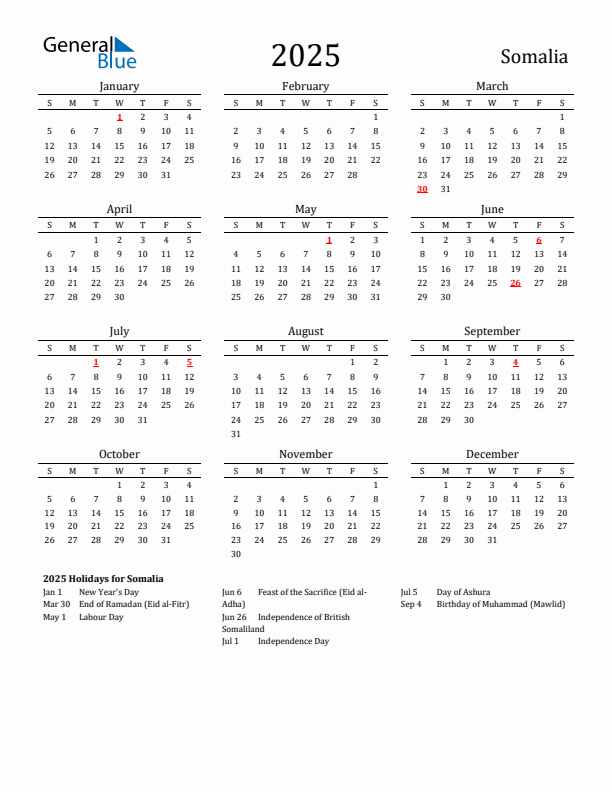 Somalia Holidays Calendar for 2025