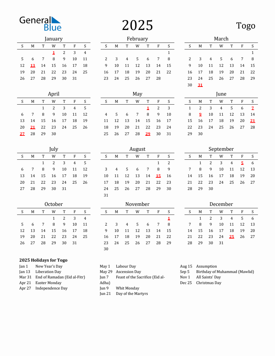 Free Togo Holidays Calendar for Year 2025