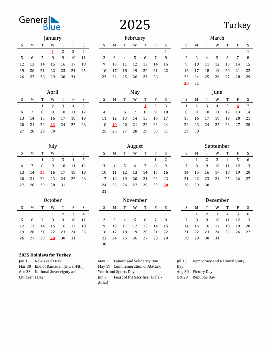 Free Turkey Holidays Calendar for Year 2025