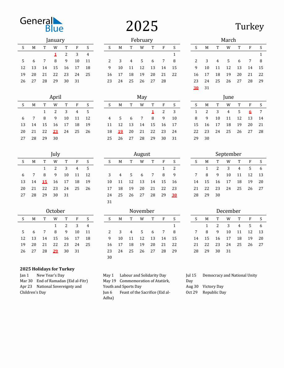 Free Turkey Holidays Calendar For Year 2025