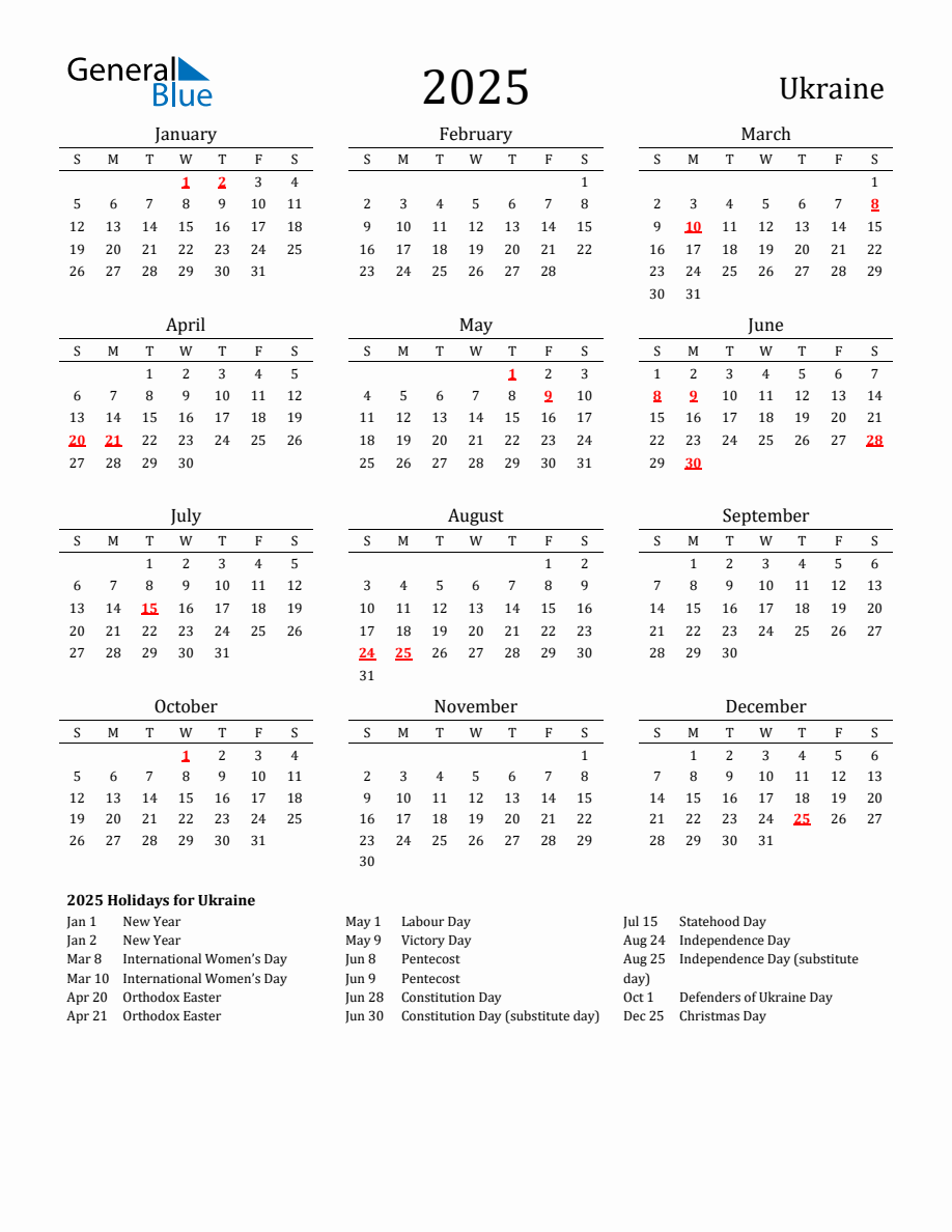 Free Ukraine Holidays Calendar for Year 2025