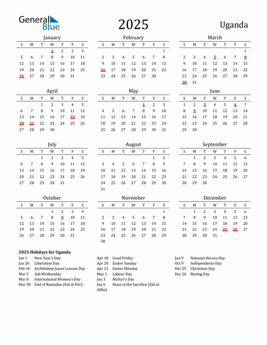 Free Uganda Holidays Calendar for Year 2025